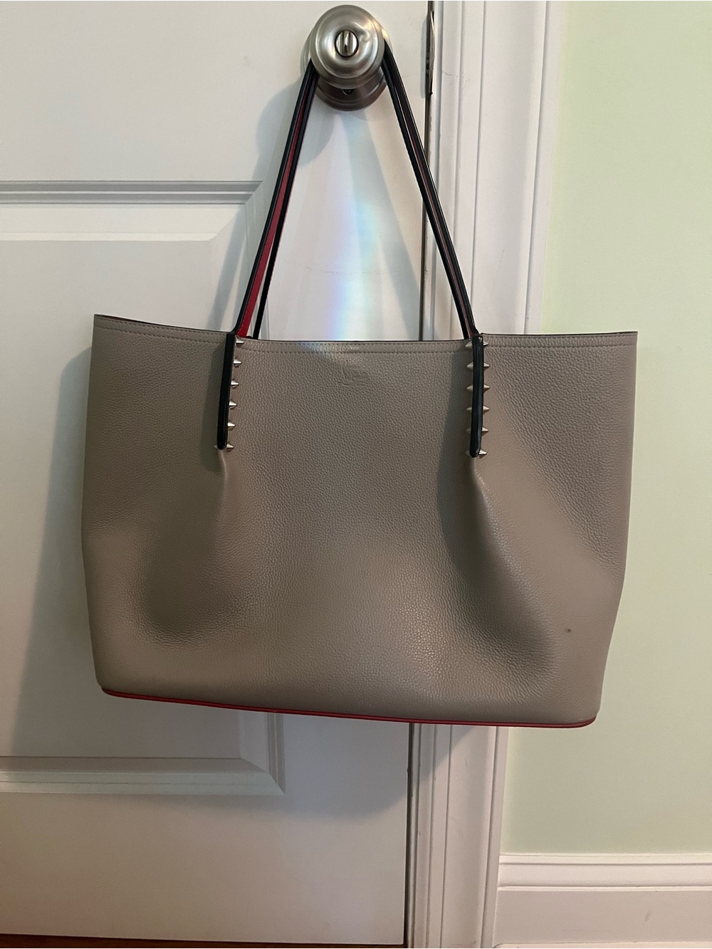 Christian Louboutin Taupe Pebbled Leather Tote with Red Trim and Black Straps
